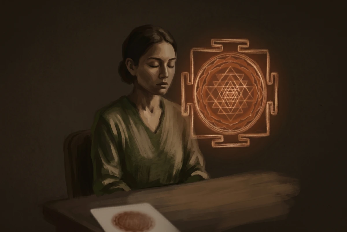 A person at a desk with closed eyes, a faint warm afterimage of a geometric pattern floating before their face, suggesting the transition from external to internal gazing.