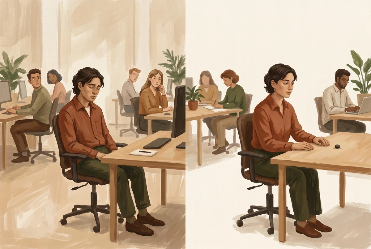 Side-by-side painterly scene of two desk meditators: one with closed eyes looking out of place in an open office, the other with open eyes gazing softly and blending in.