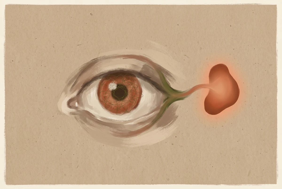 A warm-toned painterly eye with faint looping traces showing microsaccades, connected by a thread of light to a glowing shape behind it representing the brain.