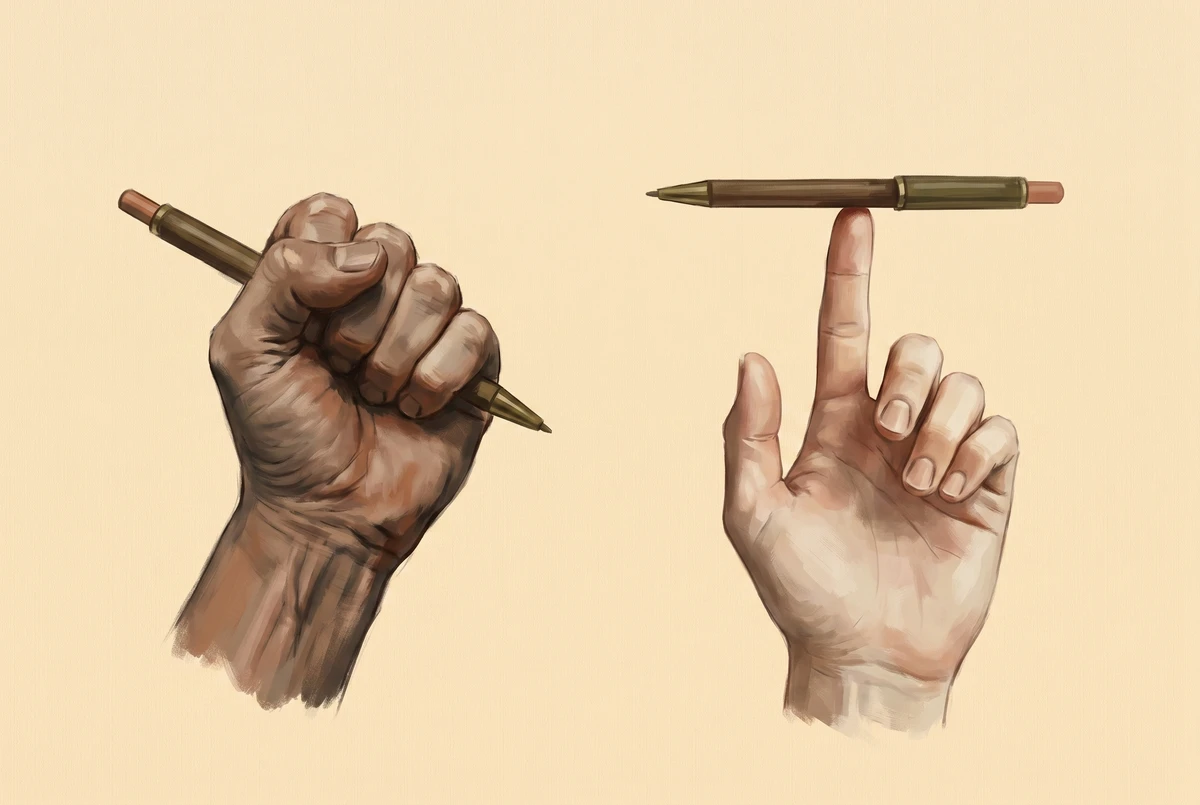 Two painted hands: one gripping a pen tightly with tense knuckles, the other balancing the same pen lightly on a fingertip.