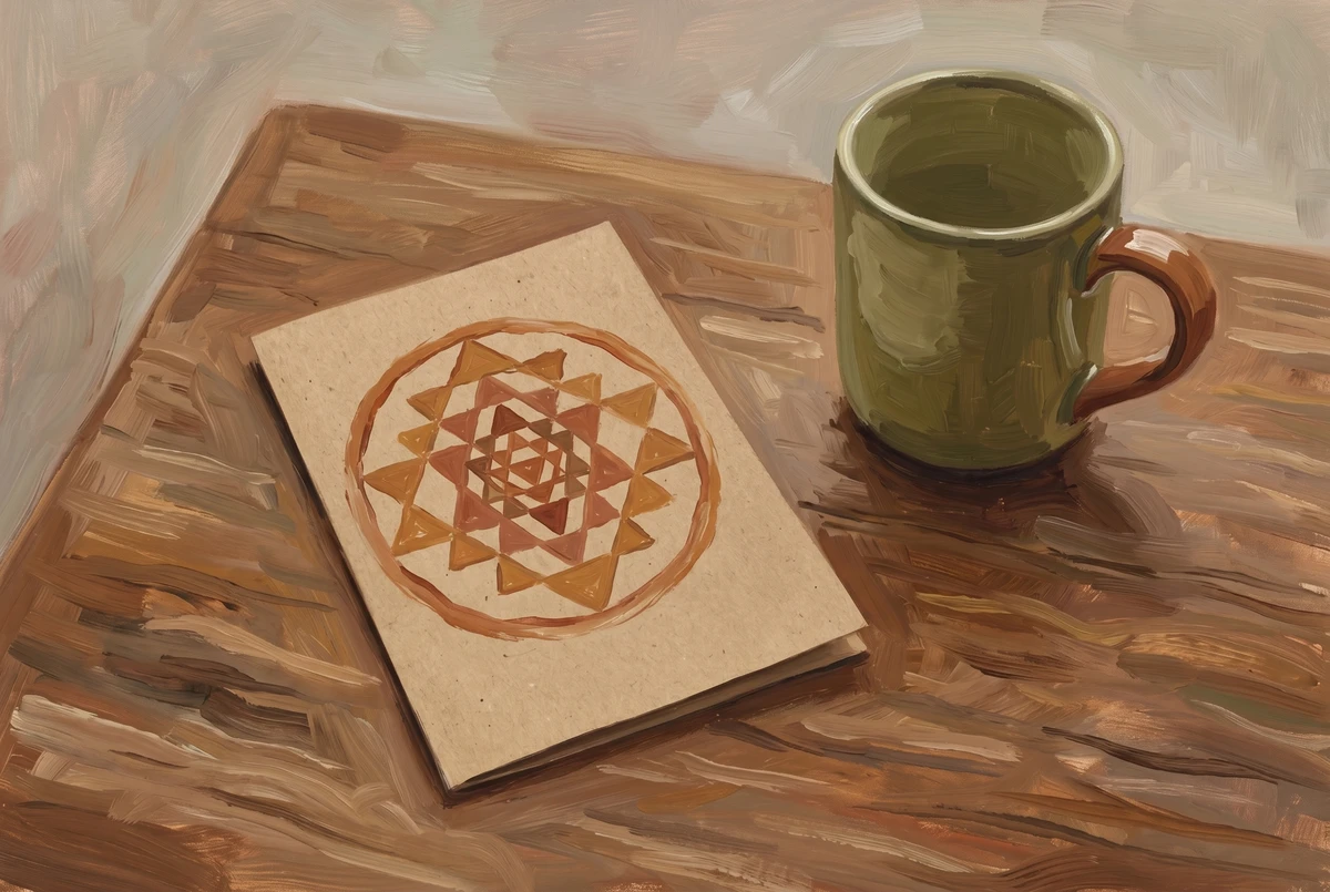 A small Sri Yantra card with nested triangles and a glowing central point, propped on a wooden desk beside a monitor in warm afternoon light.
