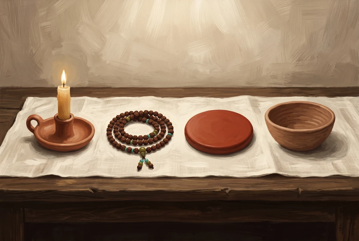 Still life of traditional meditation concentration objects: a candle flame, mala beads, a colored kasina disc, and a clay bowl arranged on linen