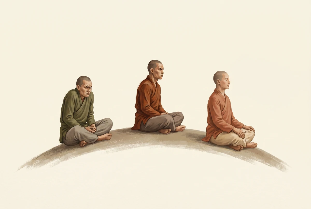 Three seated meditators arranged along an inverted-U arc: tense beginner, strained intermediate, and effortlessly relaxed advanced practitioner