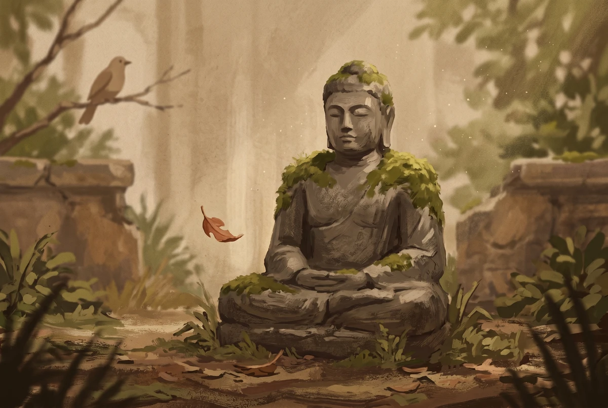 A meditator depicted as a mossy stone figure, tranquil but unaware of small details of life passing around them
