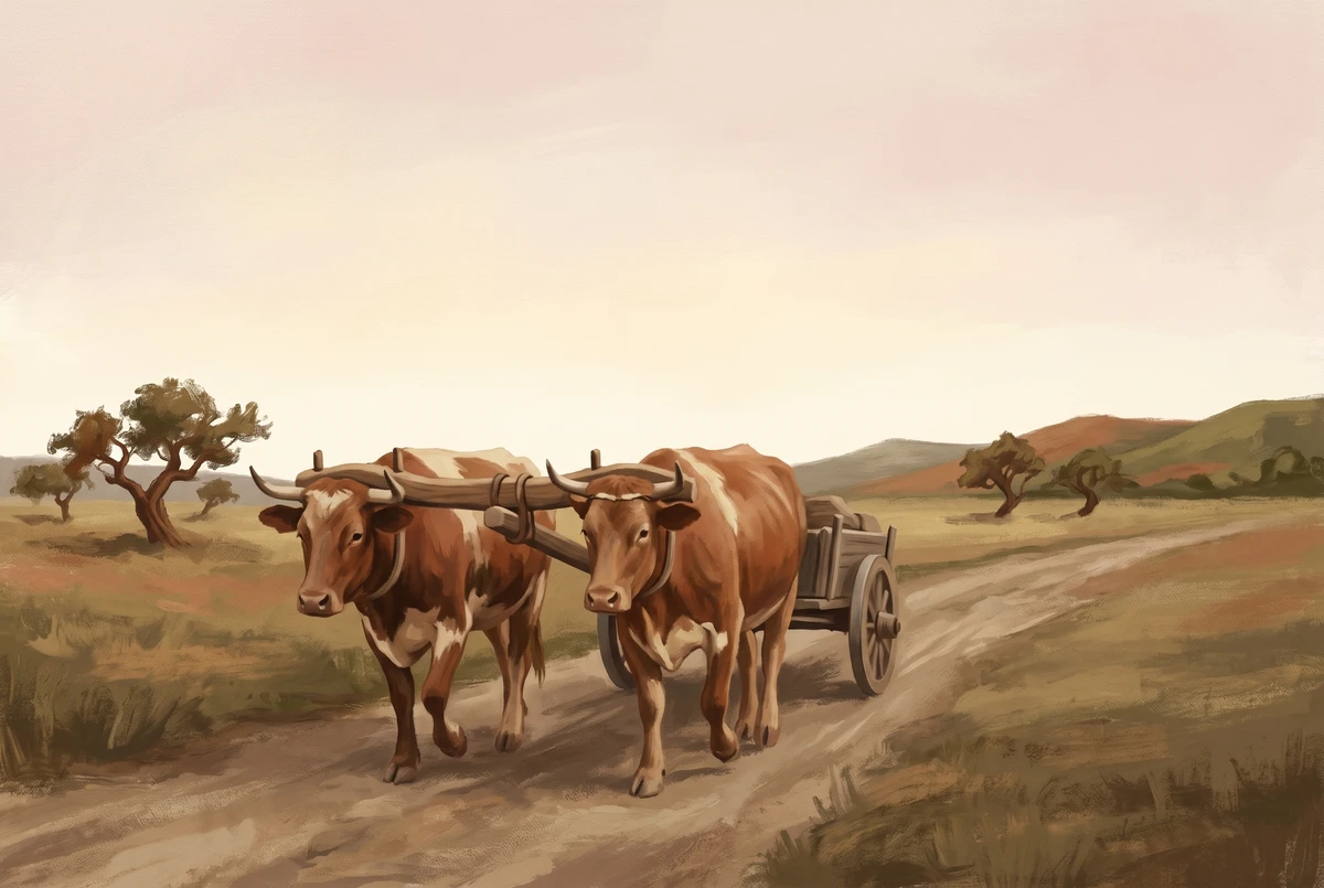 Two oxen yoked together pulling a wooden cart along a dirt path, illustrating samatha and vipassana practiced in tandem