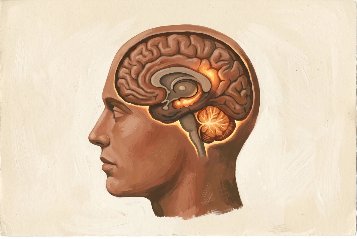 Painterly side-profile anatomical illustration of a human brain with the hippocampus, posterior cingulate cortex, and cerebellum gently illuminated in amber