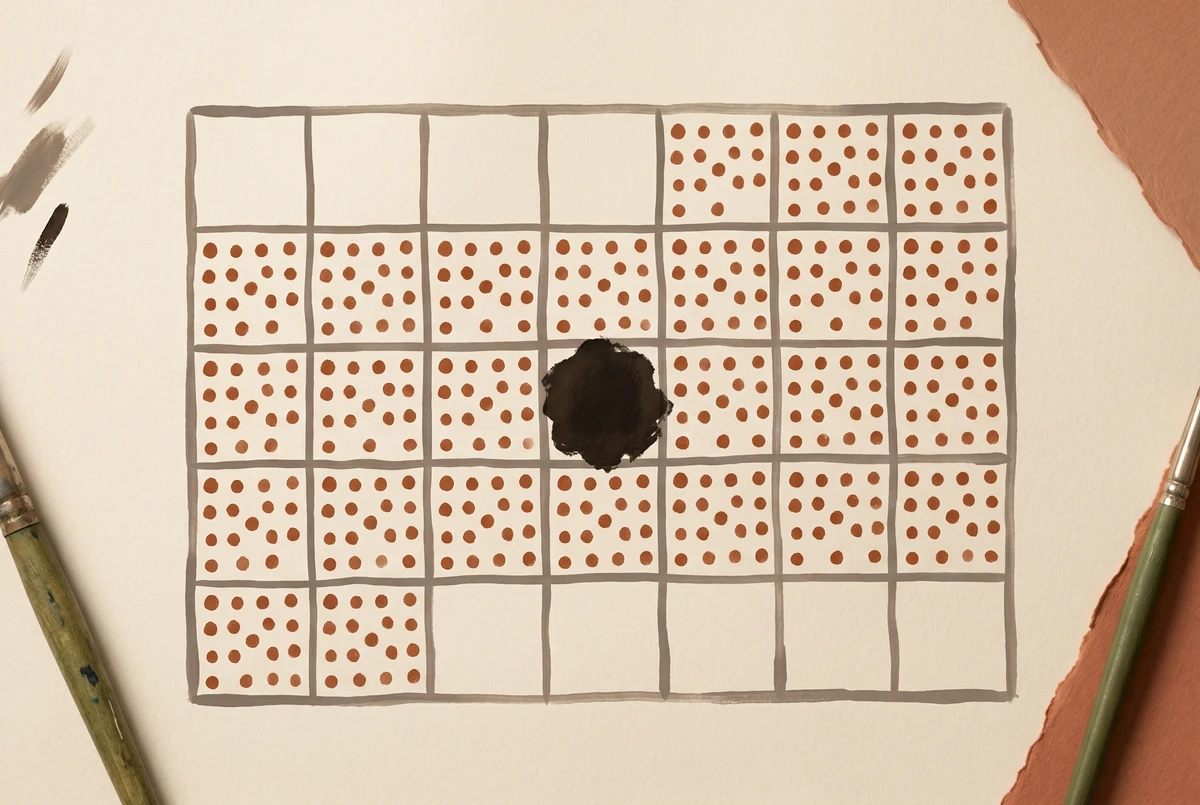 Top-down painterly calendar grid with small daily sienna dots compared to a single large isolated ink mark, illustrating that frequency outperforms duration