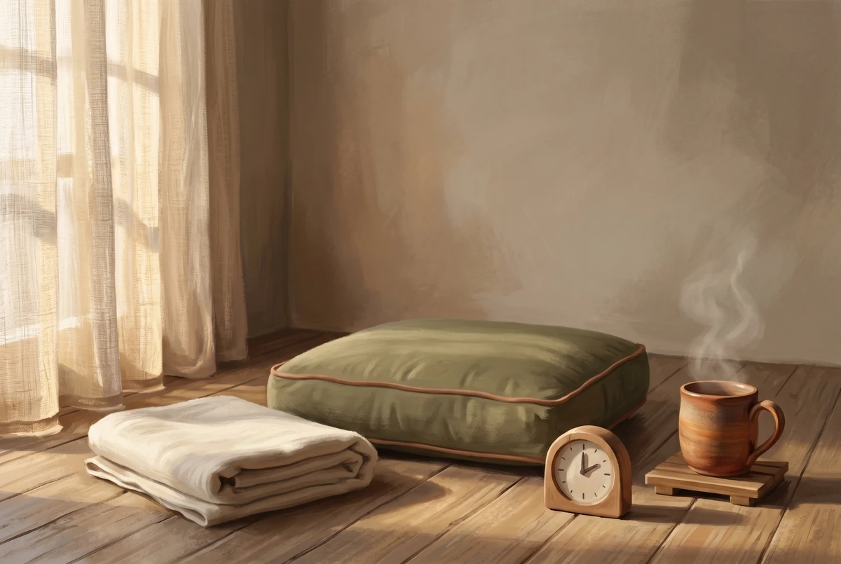 Morning light on a simple meditation setup with cushion, folded blanket, timer and clay mug, illustrating the recommended beginner protocol