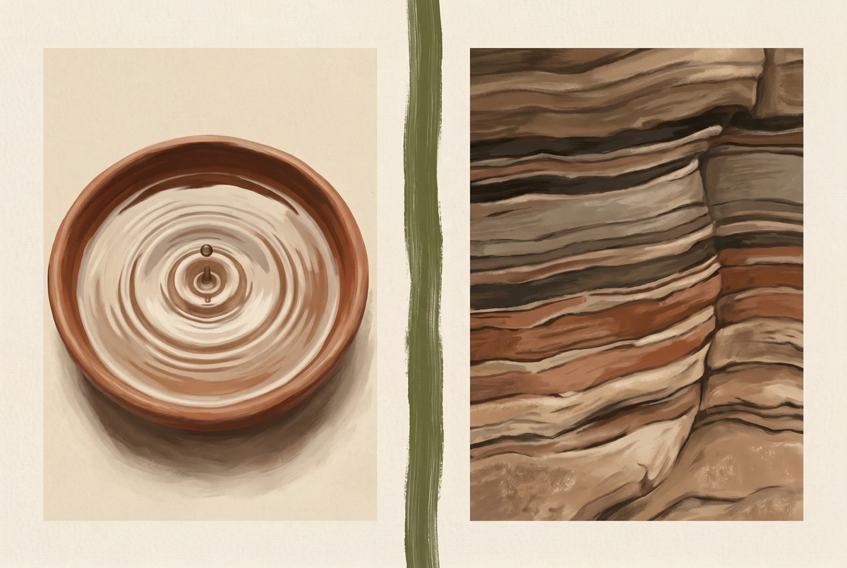 Diptych contrasting fleeting ripples in water with layered sedimentary stone, illustrating the difference between temporary state effects and lasting trait effects