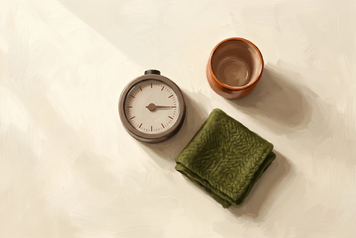 Overhead still life of an analog timer turned to the thirteen-minute mark beside a folded meditation blanket and clay cup