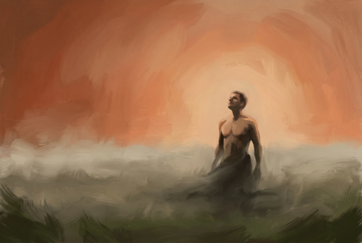 A figure emerging from low morning mist with warm sunrise light glowing above, illustrating the split state of an activated body and a foggy mind after waking