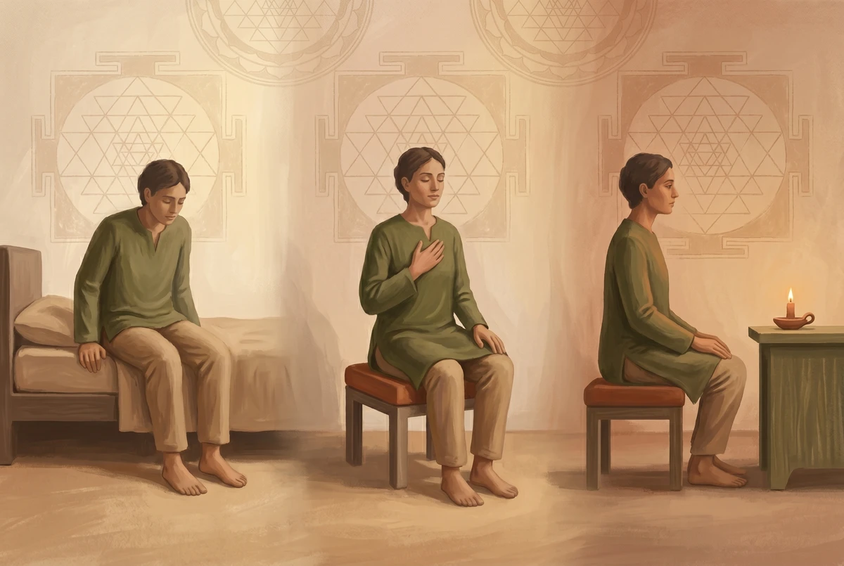A horizontal painterly sequence showing three moments of a morning routine: sitting up, taking a slow breath, and gazing softly at a candle flame