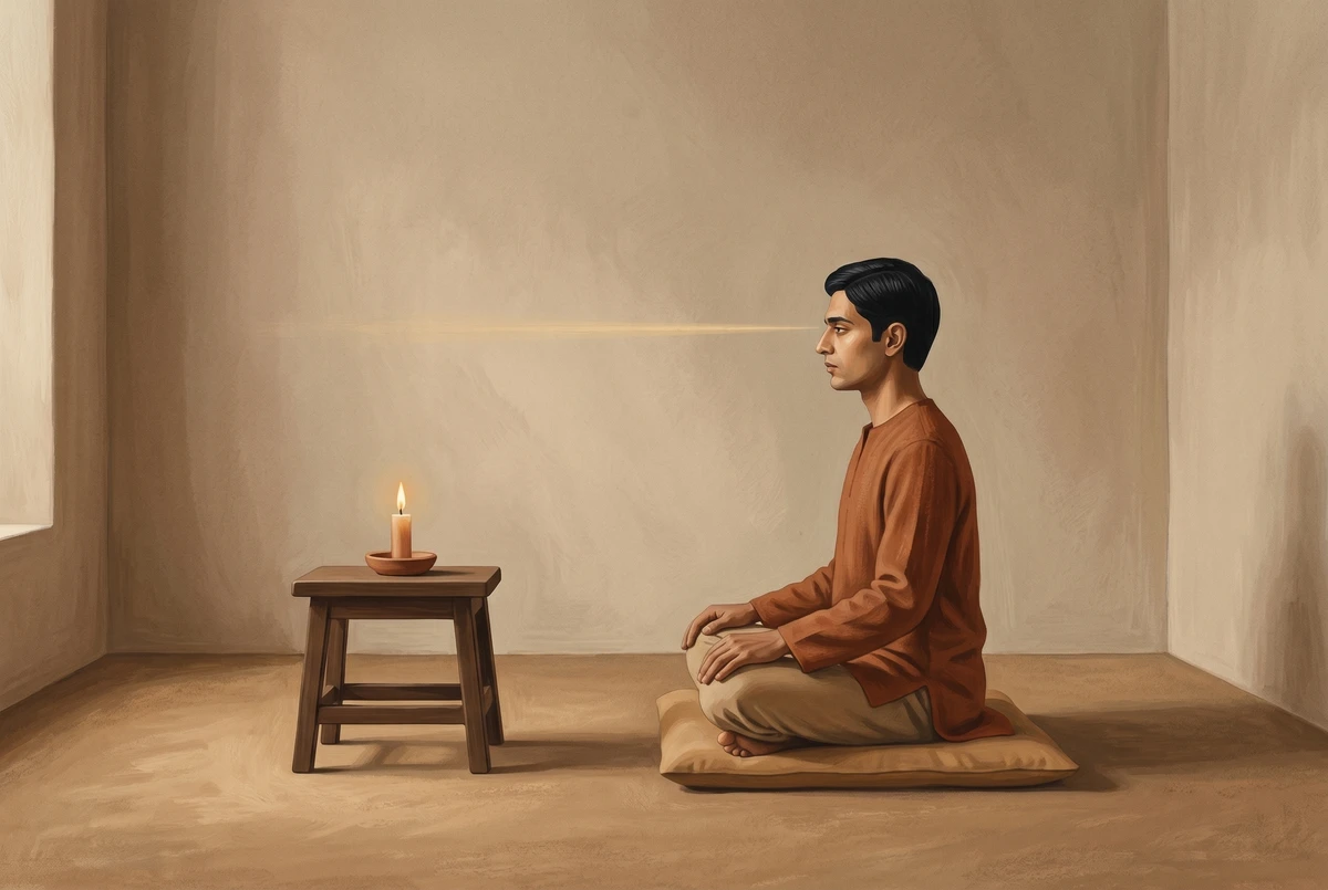 Side view of a seated figure gazing at a candle flame on a low stool at eye level about two to three feet away, illustrating the physical setup of trataka meditation