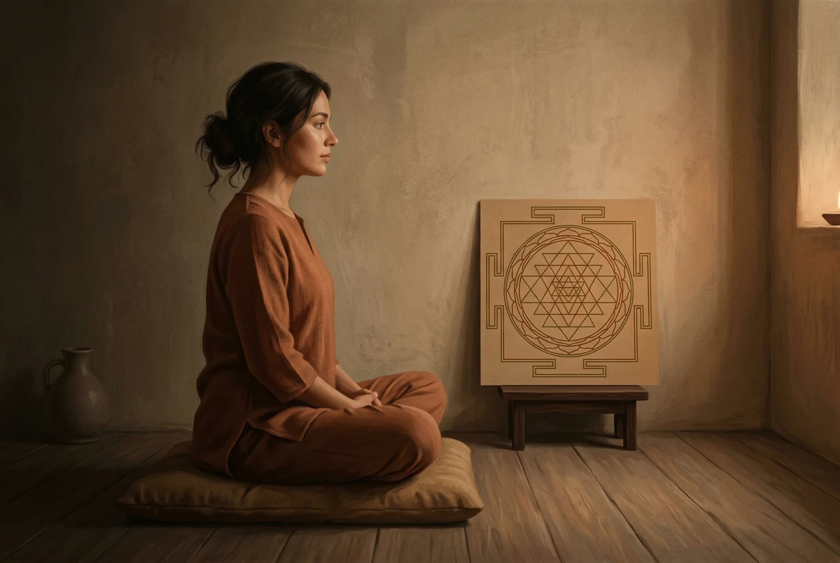 Seitenansicht einer Person, die aufrecht sitzt und auf ein yantra blickt, das auf Augenhöhe in Armlänge platziert ist