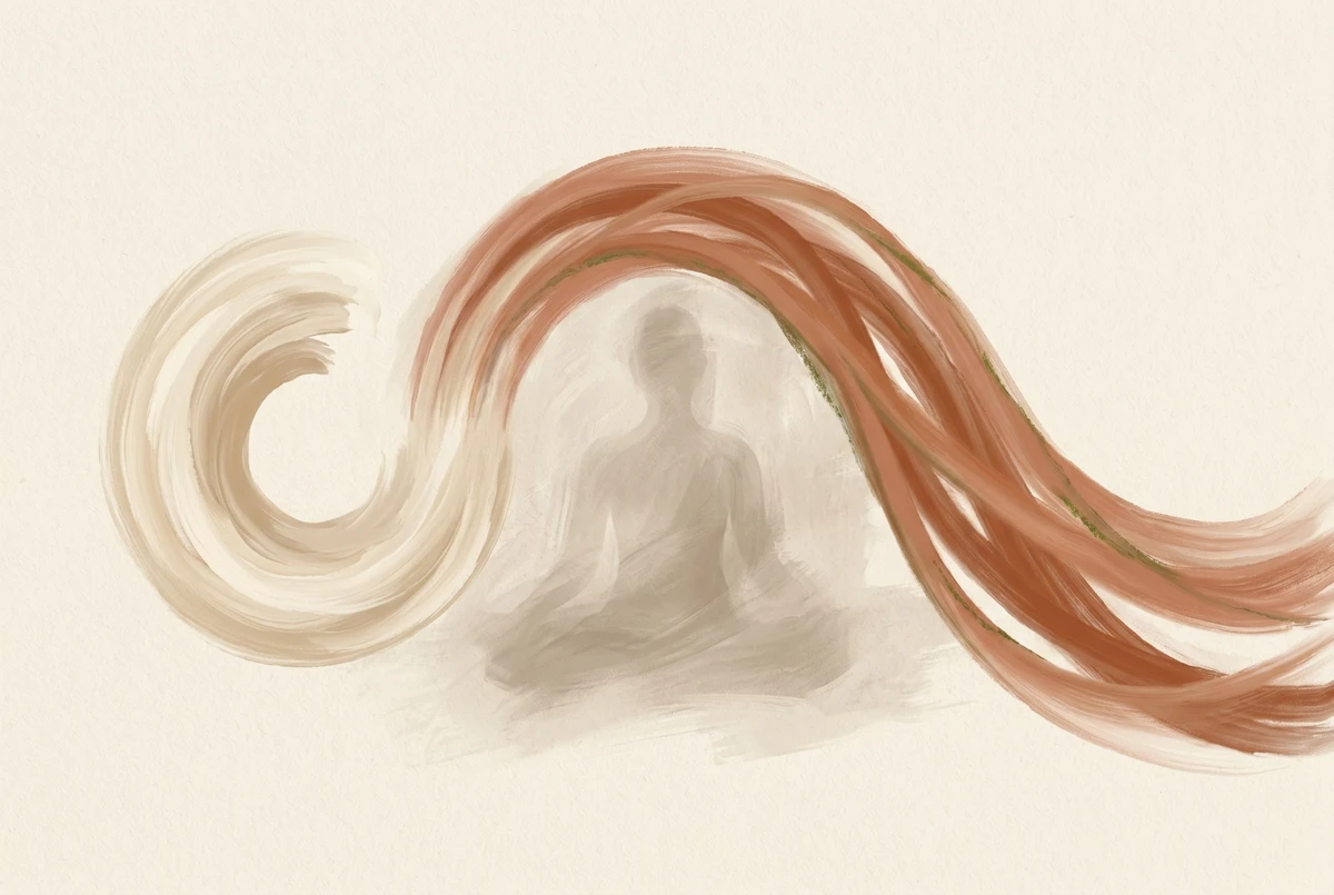 A short inhale arc flowing into a much longer exhale ribbon over a faint seated silhouette, illustrating the two-to-one extended exhale breath ratio
