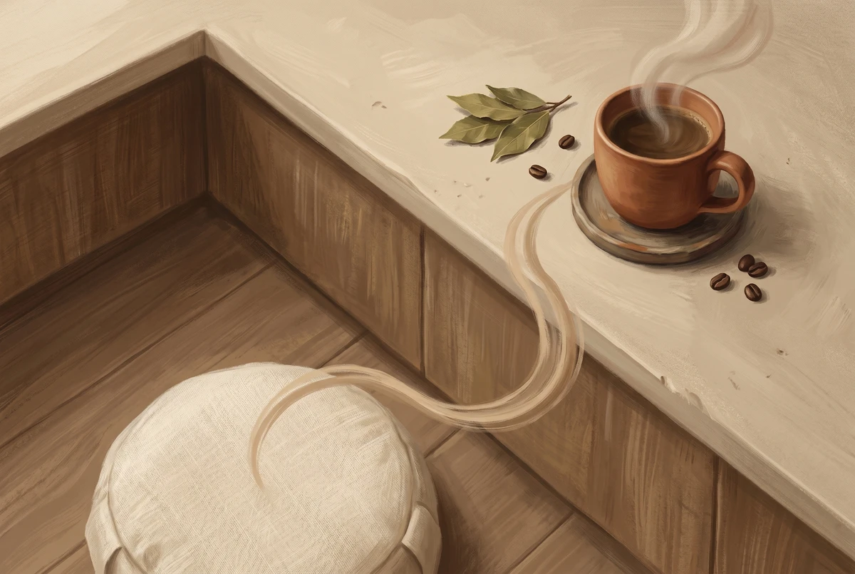 An overhead painting of a steaming ceramic coffee cup on a counter with a trail of steam curving down toward a meditation cushion, illustrating habit-stacking