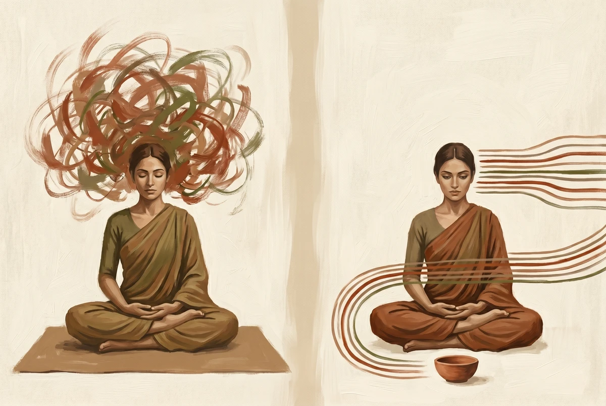 A side-by-side painting comparing closed-eye meditation with tangled thought swirls to open-eye meditation anchored on a small bowl with calm flowing lines
