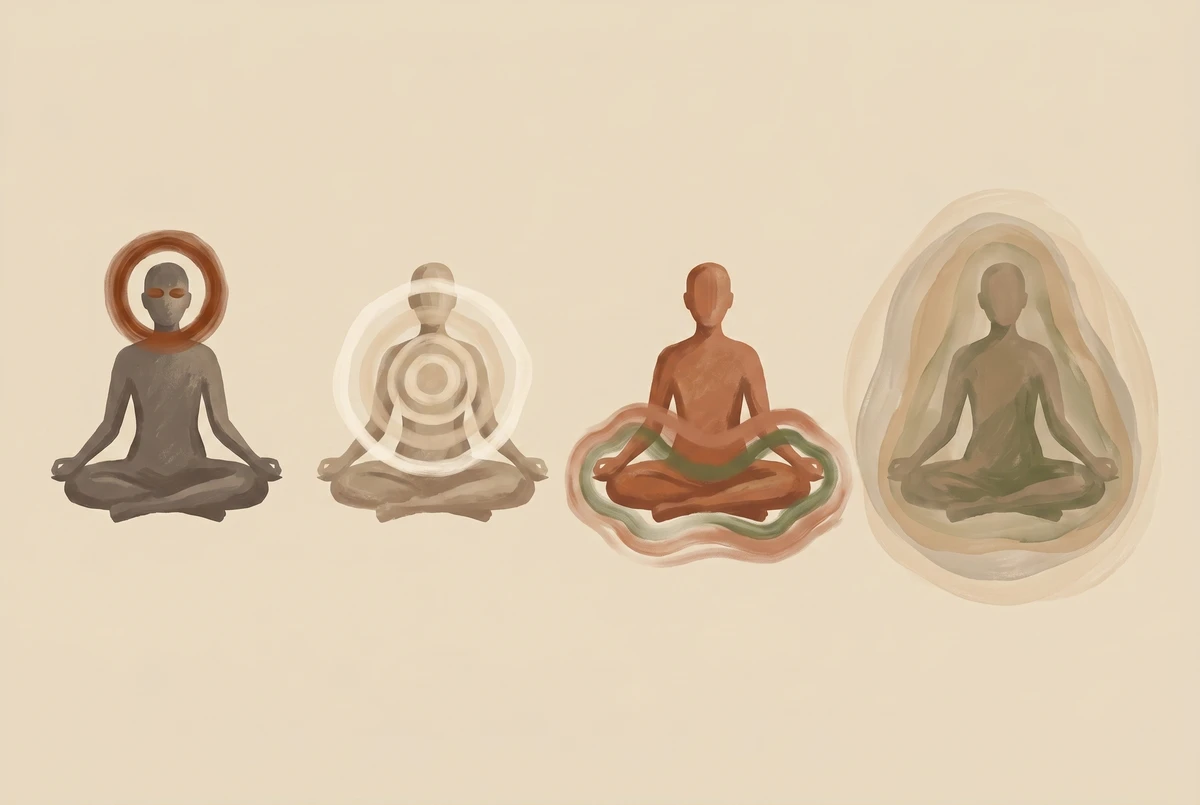 Four painted meditating figures in a row, each surrounded by progressively wider concentric rings, illustrating the body settling across five minutes
