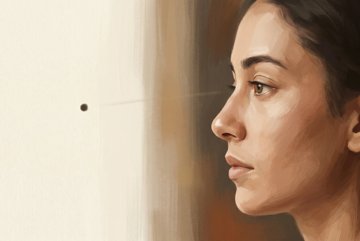 A calm side profile of a person resting their open gaze on a small distant dot on a cream wall, illustrating single-point gaze meditation