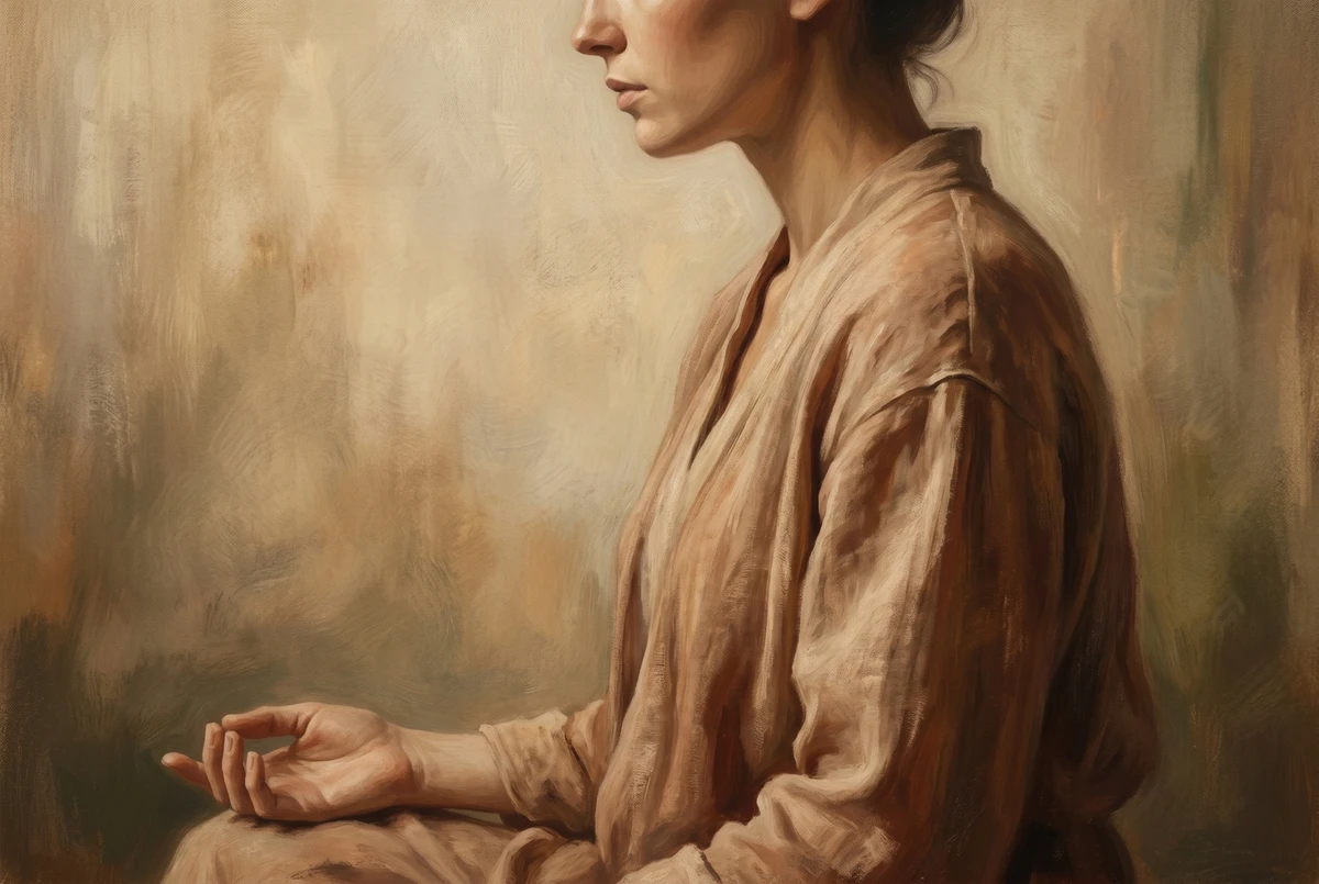 Close view of a meditator's shoulders dropping and hands softening, showing the body settling on its own