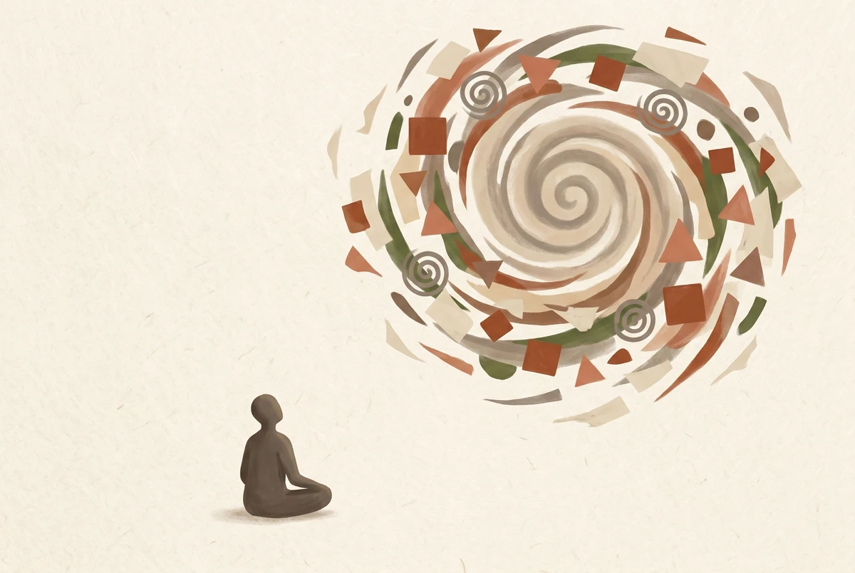 A seated figure calmly observing a swirling storm of thought-forms around their head, illustrating metacognitive awareness
