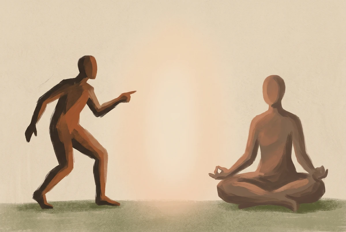Two figures separated by a glowing gap of space, symbolizing the pause between stimulus and response