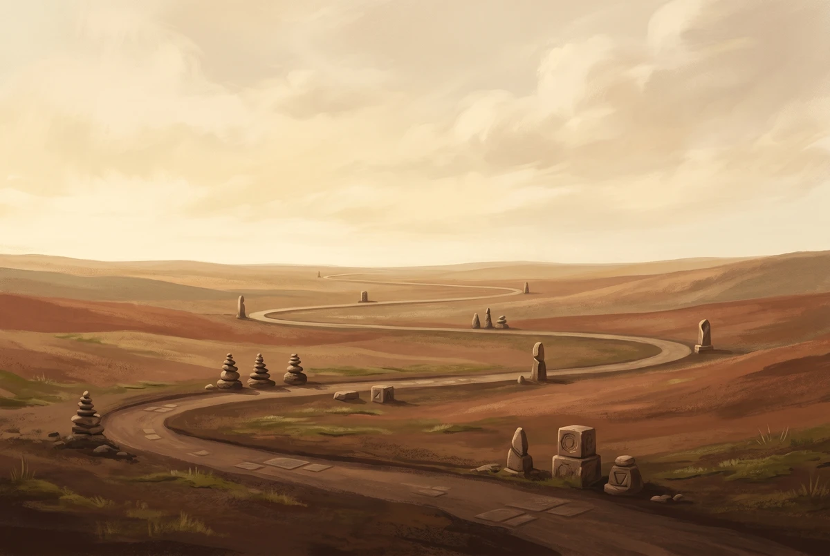 A gently curving path with uneven milestones across a warm landscape, representing the non-linear meditation timeline