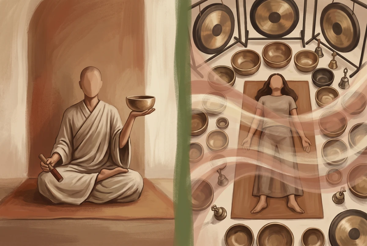 Comparison of a seated practitioner playing one bowl actively versus a person lying down surrounded by many bowls in a sound bath