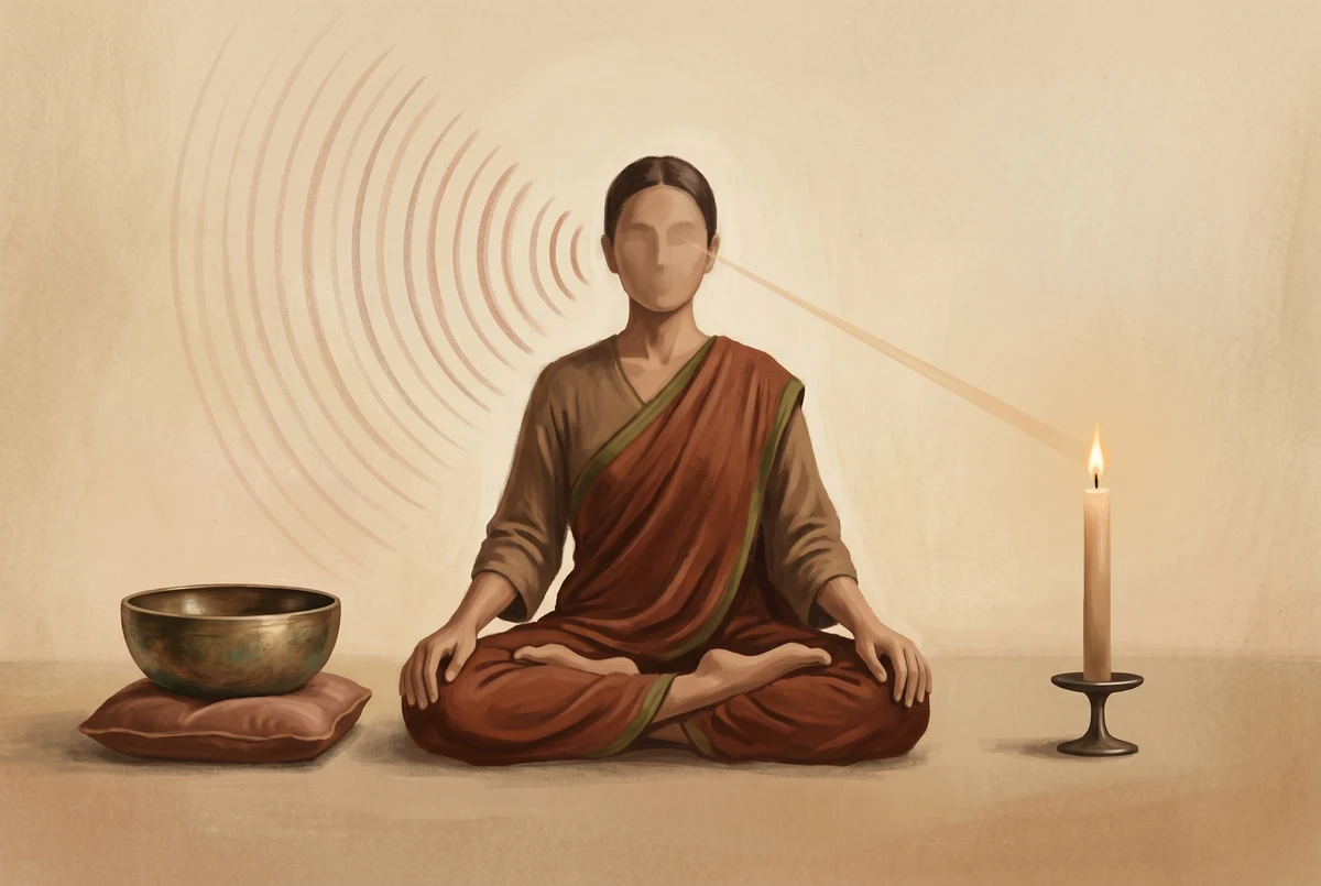 A seated practitioner between a singing bowl and a candle flame, with sound waves reaching the ear and a gaze line toward the flame