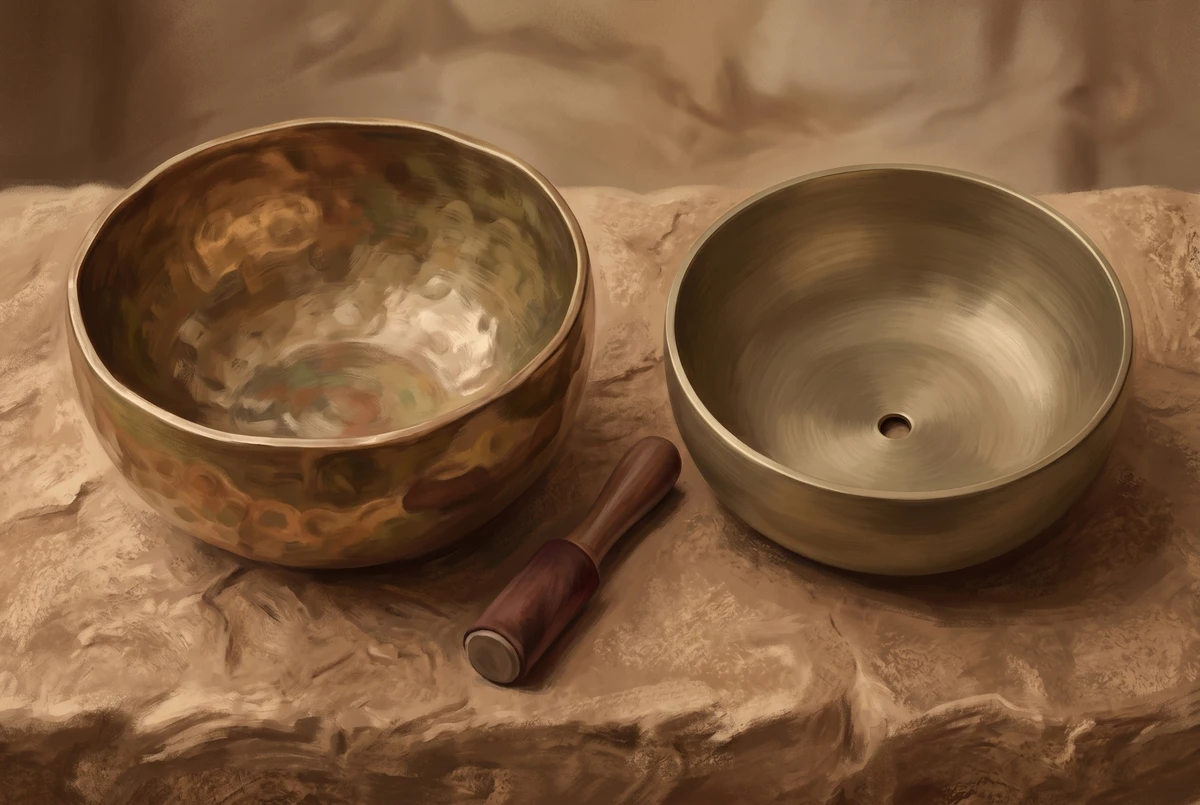 Close-up comparison of a hand-hammered bronze bowl with visible hammer marks next to a smooth machine-finished bowl