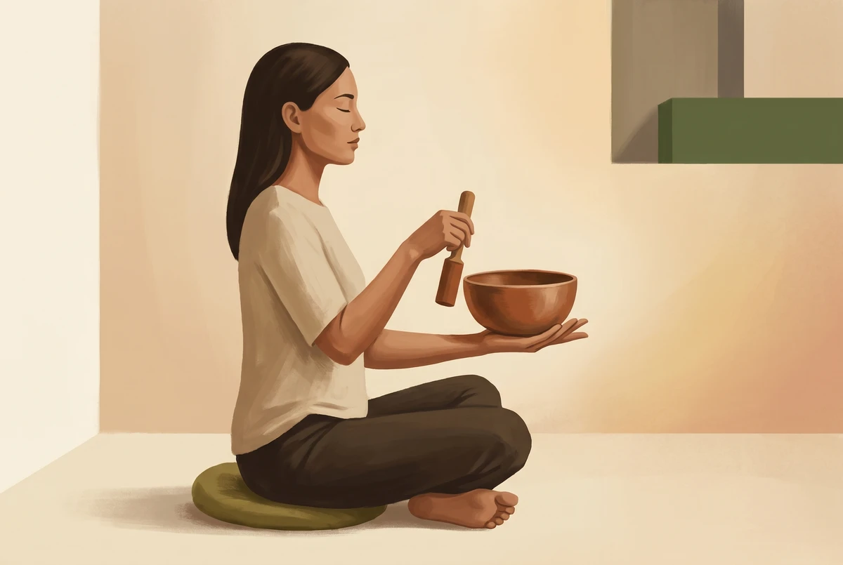 A person seated upright on a cushion holding a singing bowl in one open palm with a mallet in the other hand