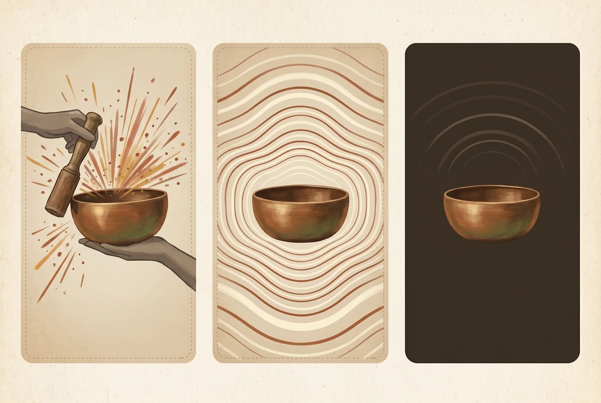 Three-panel illustration showing a bowl being struck, ringing with expanding waves, then sitting in silence
