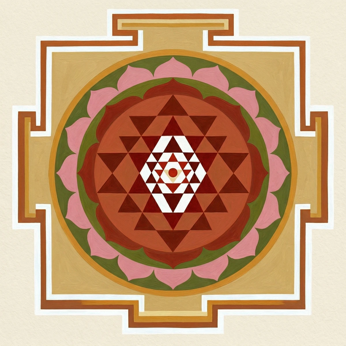 Eine künstlerische Draufsicht auf das Sri Yantra mit jeder seiner neun Umschließungen nach tantrischer Tradition gefärbt, die den Farbverlauf vom blassen äußeren Quadrat nach innen über Rosa, Rot, Grün, Rot, Blau, Rot, Weiß bis zum roten Mittelpunkt zeigt