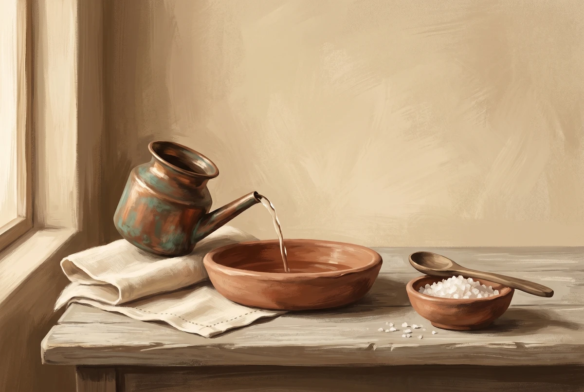 Copper neti pot pouring a thin stream of saline water into a clay basin beside a small bowl of salt, representing jala neti practice