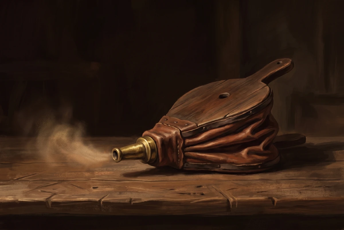 A blacksmith's leather bellows mid-compression with a soft puff of warm air, visual metaphor for kapalabhati breathing described as bellows in the Hatha Yoga Pradipika