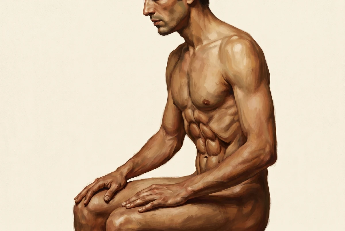 Side view painterly illustration of a seated yogi performing madhya nauli with the rectus abdominis muscles isolated as a vertical column across a hollowed abdomen