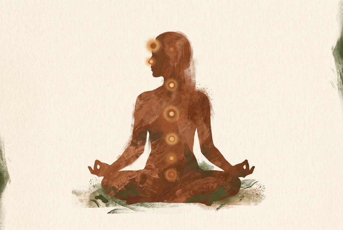 Side-profile silhouette of a seated meditator with six glowing points along the body marking the progression of the shatkarmas from nose to brow