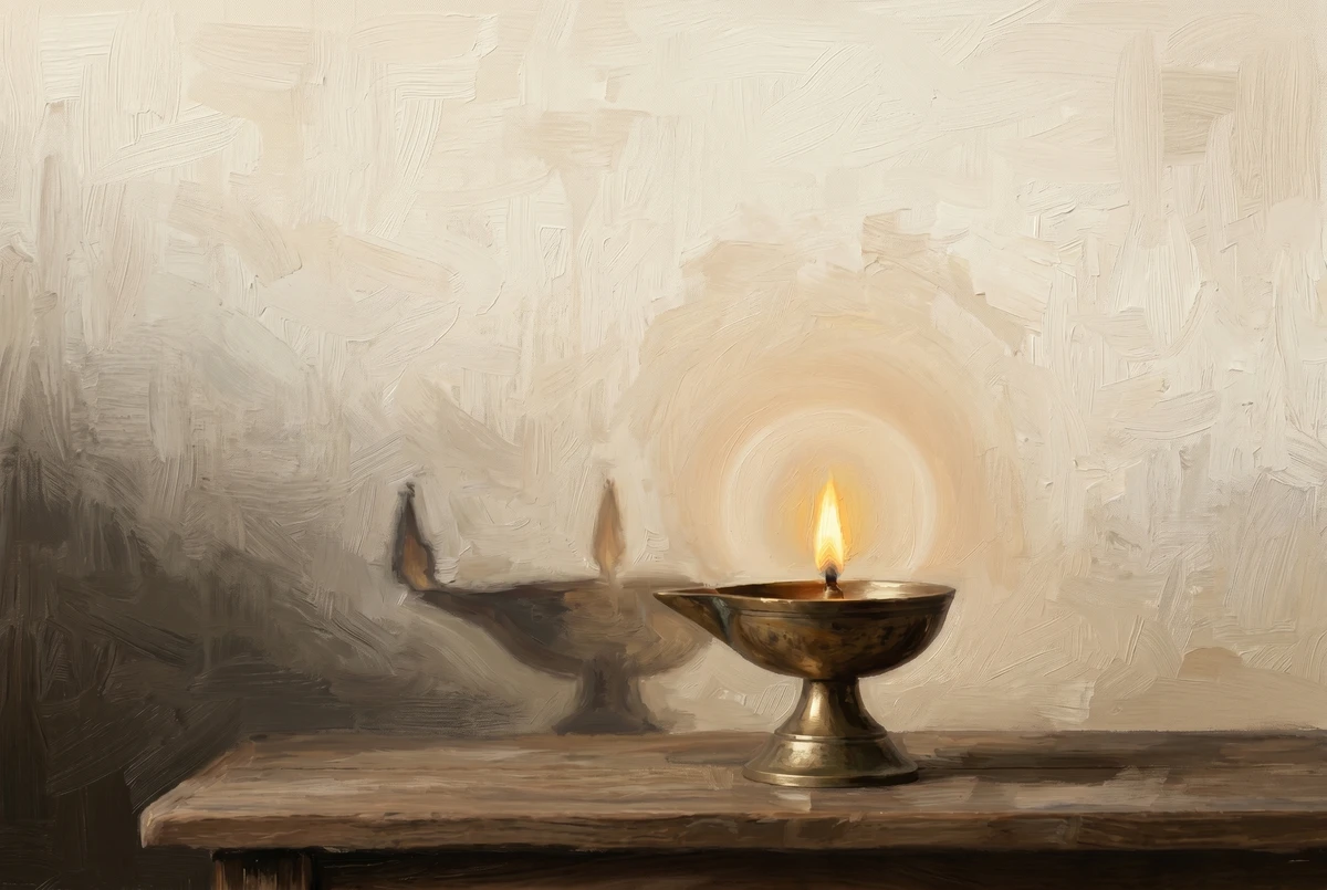A brass oil lamp with a single steady flame and a faint ghostly afterimage beside it, illustrating bahiranga and antaranga trataka