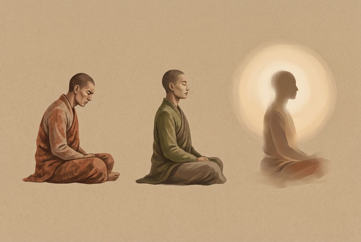 Three seated meditators in profile showing a progression from effortful focus to dissolved, absorbed stillness