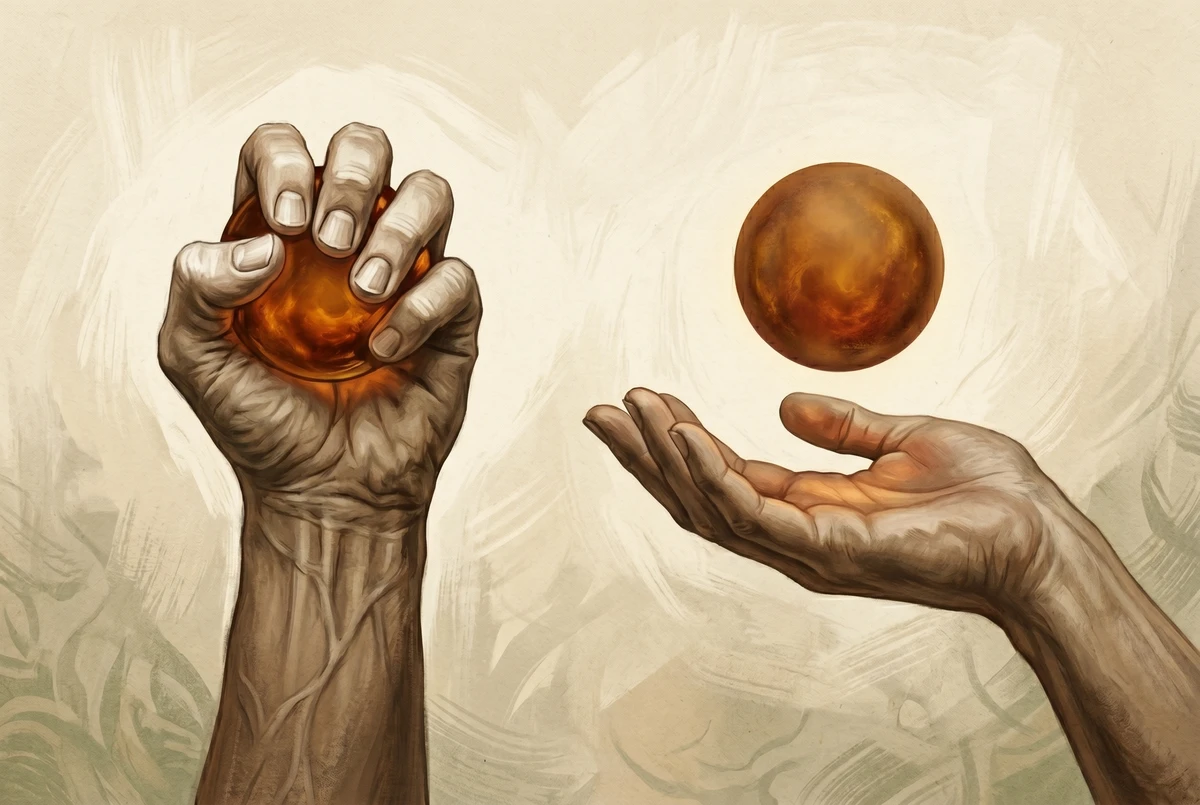 Two hands holding the same glowing sphere — one clenched tightly in effort, the other cupped open in ease