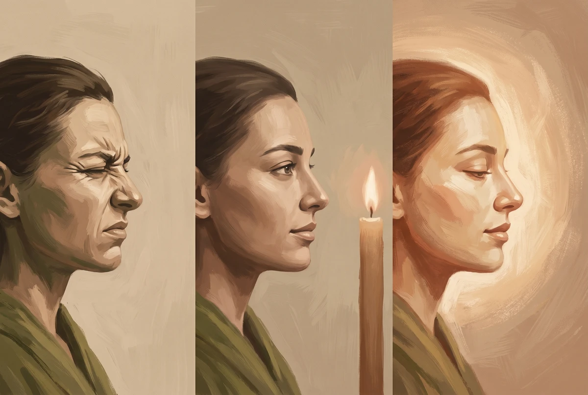 Three profile portraits of a meditator before a candle, progressing from strained gazing to absorbed stillness