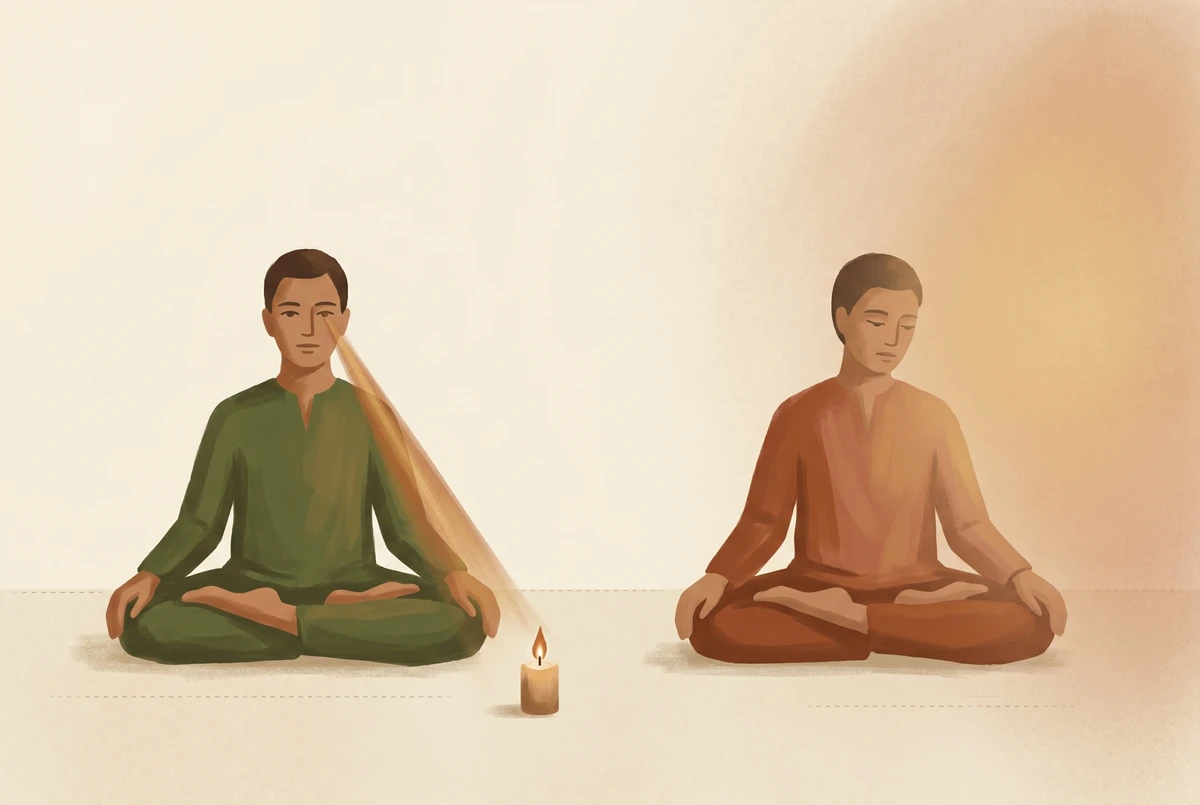 Two meditators side by side: one with a narrow beam of attention converging on a candle flame, the other with a diffuse wide field of awareness, contrasting trataka and zazen.