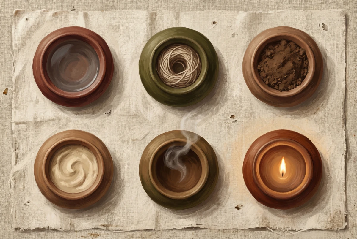 Six earthenware vessels arranged on cream cloth, five holding physical substances and the sixth glowing with an inner flame, visualizing trataka's unique place among the shatkarma purifications.