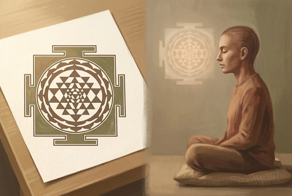 Split illustration of a printed mandala beside a closed-eye meditator with a translucent afterimage of the mandala