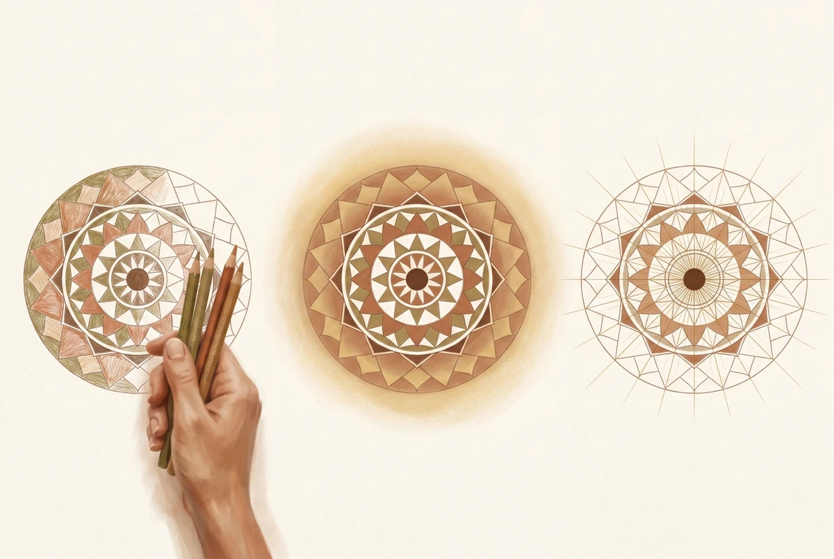 Overhead triptych showing three ways to engage with a mandala: coloring, passive looking, and focused gazing