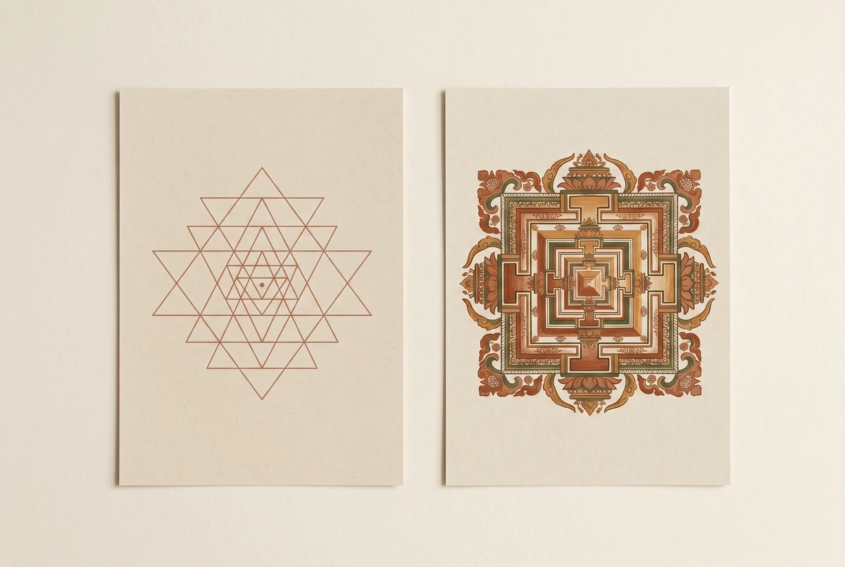 Overhead flat lay comparing a minimalist Sri Yantra with an elaborate Tibetan Buddhist mandala on cream paper