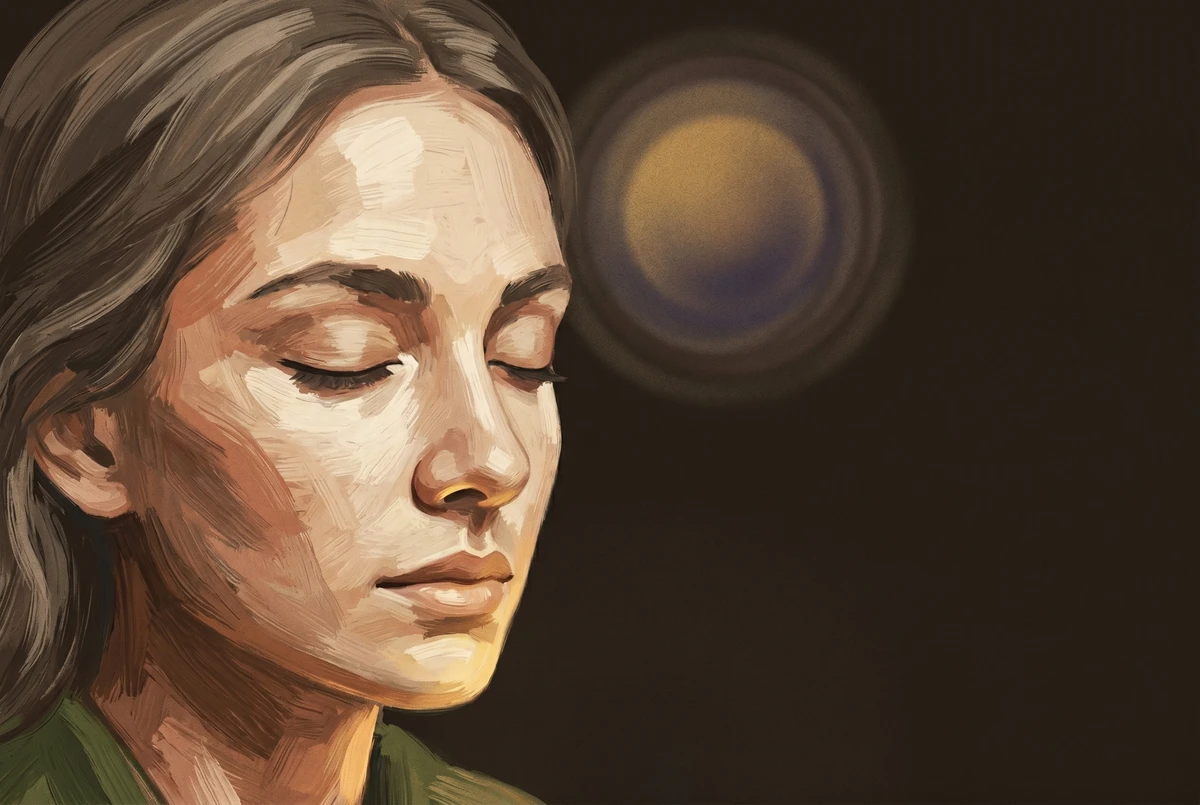 Close view of a face with closed eyes and a soft glowing afterimage floating in warm dark space above, rendered as a painterly illustration in earthy tones