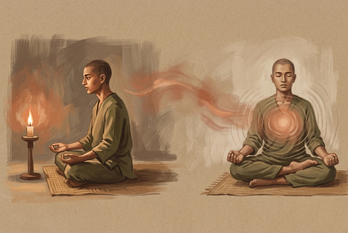 Triptych-like scene of the same meditator moving from candle gazing with open eyes on the left, through a trail of warm light, to closed-eye inner awareness on the right, rendered in painterly earthy tones