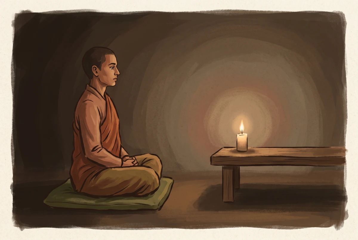 Side view of a cross-legged meditator gazing steadily at a small candle flame placed at eye level on a wooden surface, rendered in warm earthy painterly tones