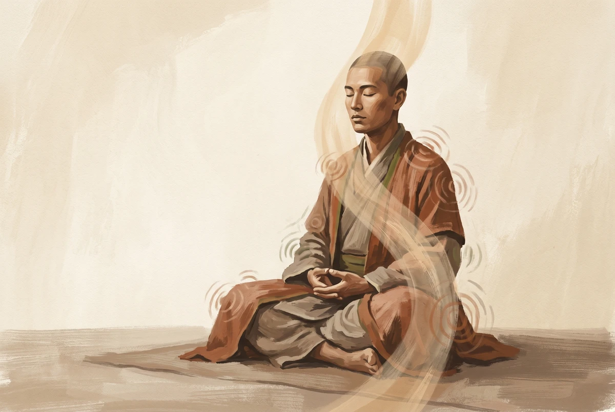 A seated meditator with closed eyes, a soft band of light descending through the body and small ripples of sensation along the skin, rendered in warm earthy painterly tones